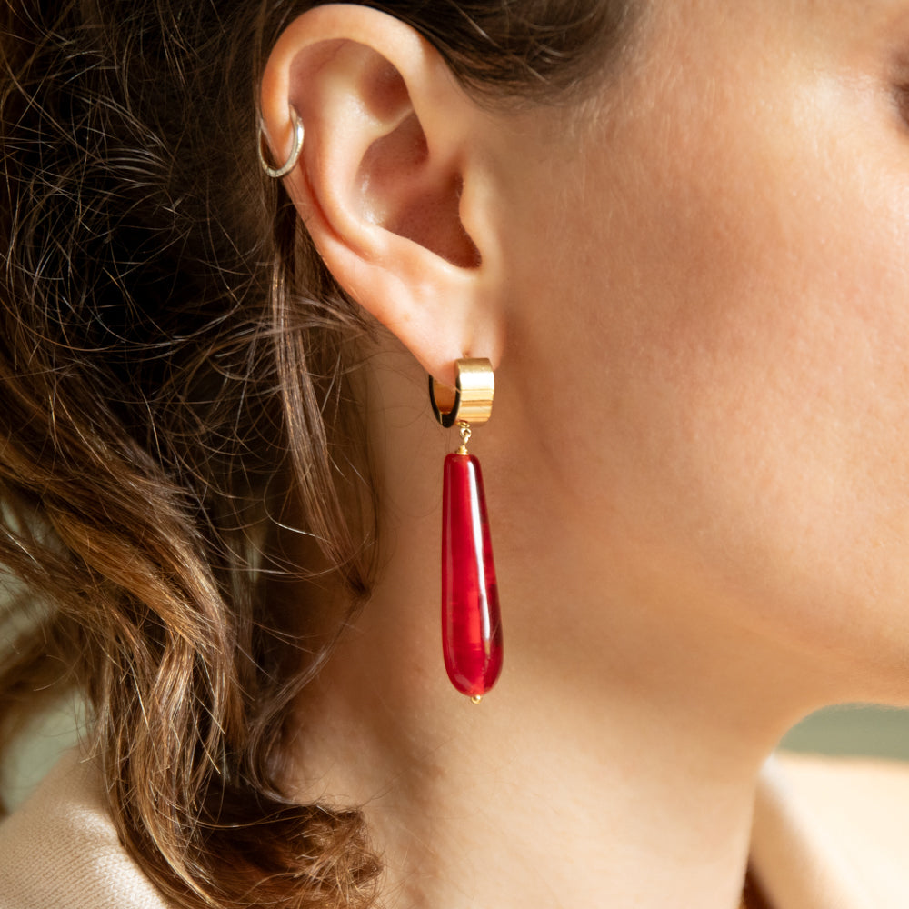 Trejayne Glass Studio long red teardrop glass bead earrings inspired by Frieren: Beyond Journey's End